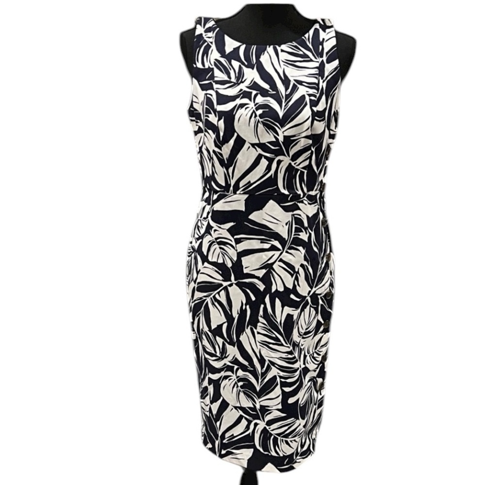 Ann Taylor Navy and White Leaf Print Midi midi with faux buttons on left side 4